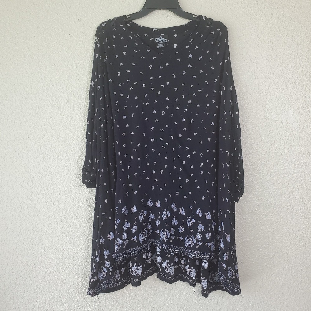 Angie Floral Tunic Dress Black Boho Crochet Lace High Low Rayon Womens Medium